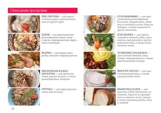 ПЛОВ — для приготовления
разнообразных видов плова —
с мясом, морепродуктами, фрук-
тами и овощами.
ПАР/ВАРКА — для приго-
товления овощей, рыбы, мяса,
мантов, диетических и вегета-
рианских блюд, а также блюд
детского меню.
РИС/КРУПЫ — для приго-
товления риса и рассыпчатых
каш из других круп.
СУП/БОБОВЫЕ — для при-
готовления разнообразных
бульонов, заправочных, овощ-
ных и холодных супов, блюд из
бобовых, а также компотов и
других напитков.
ЖАРКА — для жарки мяса,
рыбы, овощей и морепродуктов.
ТУШЕНИЕ/ХОЛОДЕЦ —
для тушения овощей, мяса,
птицы, морепродуктов, а также
приготовления холодца.
МОЛОЧНАЯ КАША/
ДЕСЕРТЫ — для приготов-
ления каш на молоке, а также
разнообразных десертов.
ЙОГУРТ/ТЕСТО — для при-
готовления йогурта, а также
для расстойки теста.
ГРЕЧКА — для варки рассып-
чатых каш на воде.
ВЫПЕЧКА/ХЛЕБ — для
выпечки хлеба, бисквитов, за-
пеканок, пирогов из дрожже-
вого и слоеного теста, пиццы,
а также запекания рыбы, мяса
и овощей.
Описание программ
26
 