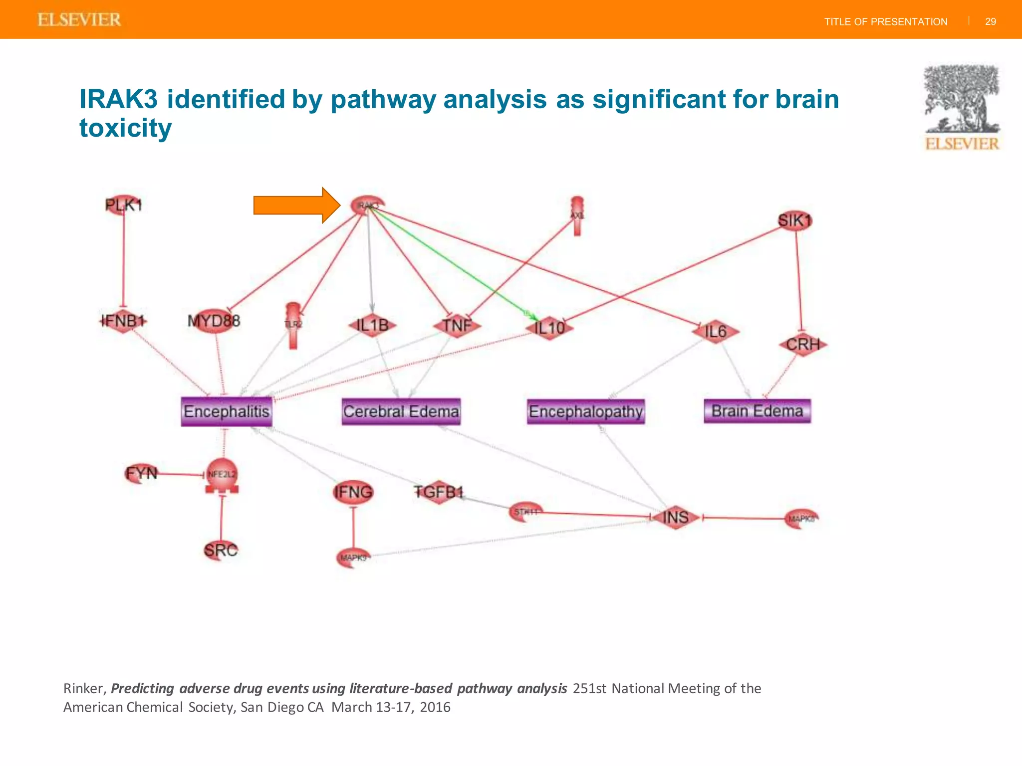 TITLE OF PRESENTATION | 29
IRAK3 identified by pathway analysis as significant for brain
toxicity
Rinker, Predicting adverse drug events using literature-based pathway analysis 251st National Meeting of the
American Chemical Society, San Diego CA March 13-17, 2016
 