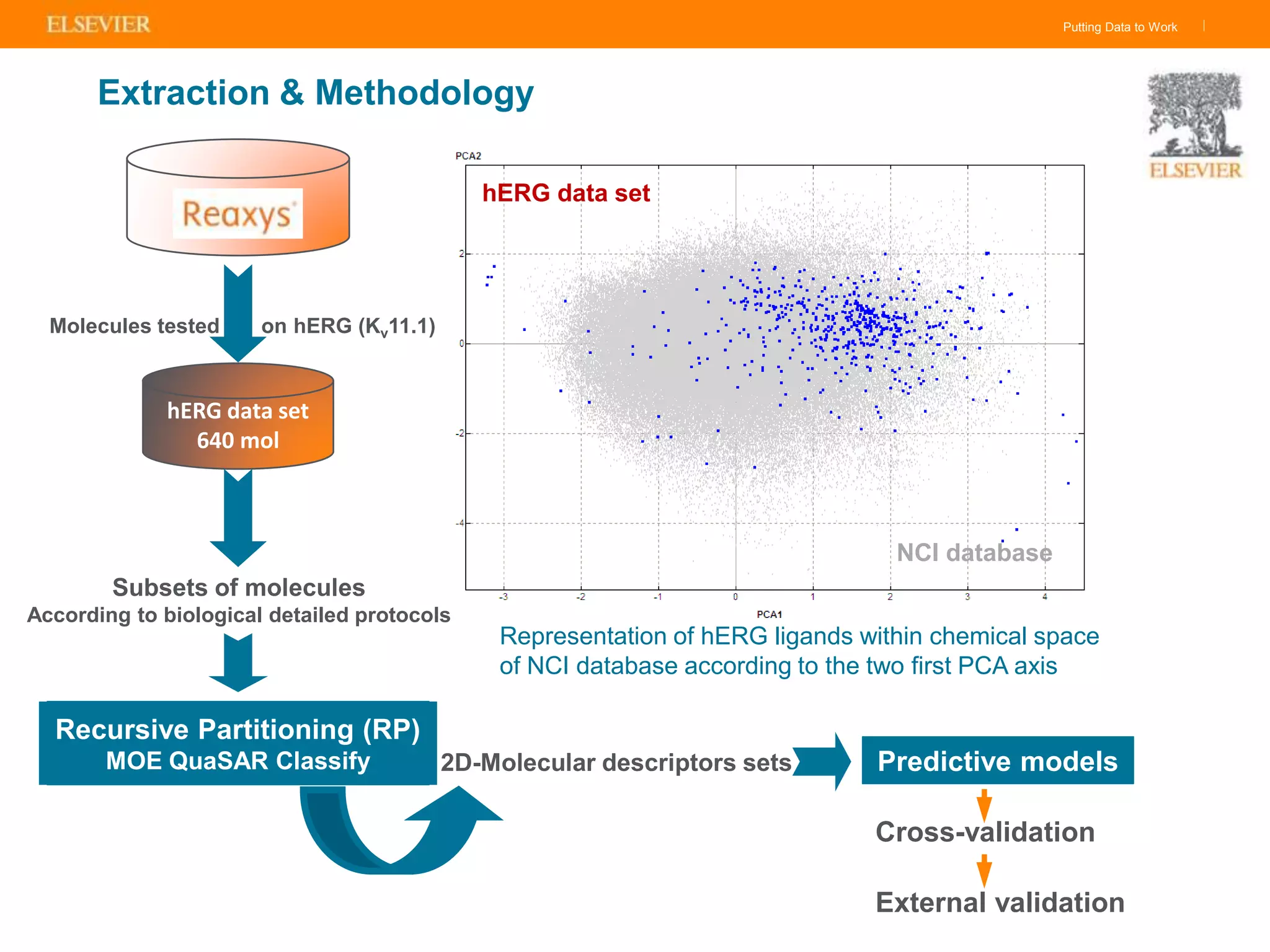 Putting Data to Work |
Extraction & Methodology
hERG data set
640 mol
Recursive Partitioning (RP)
MOE QuaSAR Classify
Molecules tested on hERG (Kv11.1)
2D-Molecular descriptors sets Predictive models
Subsets of molecules
According to biological detailed protocols
Representation of hERG ligands within chemical space
of NCI database according to the two first PCA axis
NCI database
hERG data set
Cross-validation
External validation
 