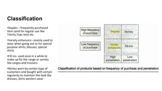 Classification
•Staples – frequently purchased
item sand for regular use like
Tshirts,Tops Vest etc
•Variety enhancers –mainly used to
wear when going out or for special
purpose shirts, blouses, special
shirts
•Fill ins- used once in a while to
make up for the range or variety
like cargos and trousers
•Niches worn by certain type of
customers and bought with certain
regularity to maintain the look like
dresses, skirts western wear
 