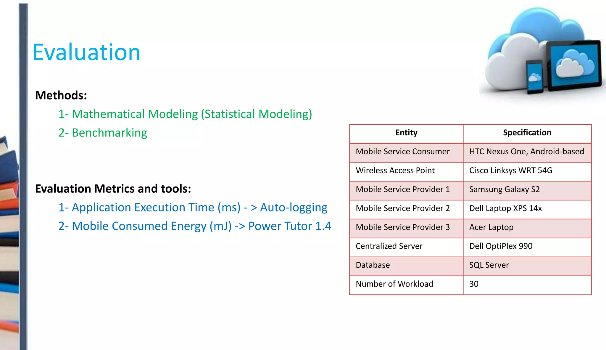 Evaluation
Methods:
1- Mathematical Modeling (Statistical Modeling)
2- Benchmarking
Evaluation Metrics and tools:
1- Application Execution Time (ms) - > Auto-logging
2- Mobile Consumed Energy (mJ) -> Power Tutor 1.4
Entity Specification
Mobile Service Consumer HTC Nexus One, Android-based
Wireless Access Point Cisco Linksys WRT 54G
Mobile Service Provider 1 Samsung Galaxy S2
Mobile Service Provider 2 Dell Laptop XPS 14x
Mobile Service Provider 3 Acer Laptop
Centralized Server Dell OptiPlex 990
Database SQL Server
Number of Workload 30
 