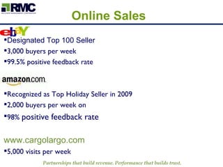 Online Sales  Designated Top 100 Seller 3,000 buyers per week  99.5% positive feedback rate Recognized as Top Holiday Seller in 2009 2,000 buyers per week on  98%  positive feedback rate www.cargolargo.com  5,000 visits per week 