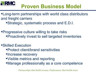 Proven Business Model Long-term partnerships with world class distributors and freight carriers Strategic, systematic process and E.D.I. Progressive culture willing to take risks Proactively invest to sell targeted inventories Skilled Execution Protect client/brand sensitivities Increase recovery Visible metrics and reporting Manage professionally as a core competence  
