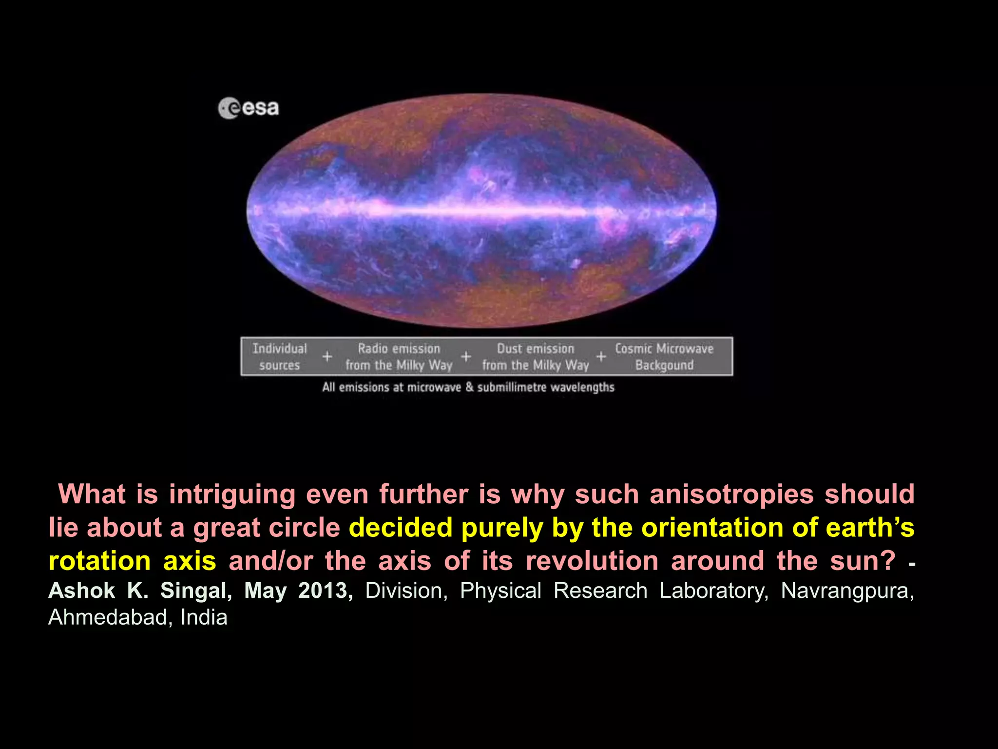 What is intriguing even further is why such anisotropies should 
lie about a great circle decided purely by the orientation of earth’s 
rotation axis and/or the axis of its revolution around the sun? - 
Ashok K. Singal, May 2013, Division, Physical Research Laboratory, Navrangpura, 
Ahmedabad, India 
 