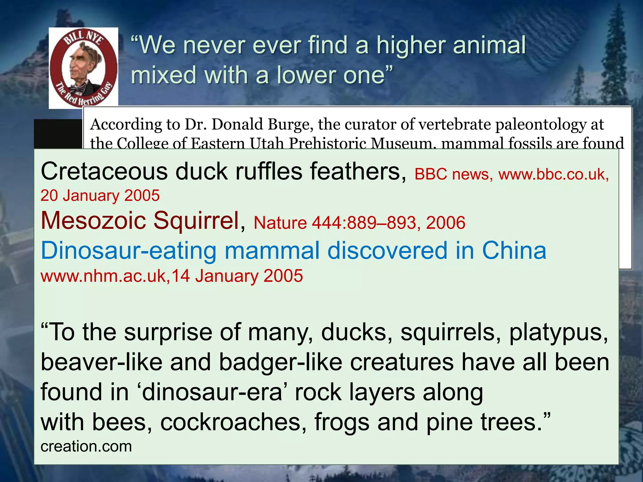 “We never ever find a higher animal 
mixed with a lower one” 
According to Dr. Donald Burge, the curator of vertebrate paleontology at 
the College of Eastern Utah Prehistoric Museum, mammal fossils are found 
in nearly every dinosaur dig that he has ever been associated with… 
“We find mammals in almost all of our 
[dinosaur dig] sites. These were not noticed 
years ago … . 
Cretaceous duck ruffles feathers, BBC news, www.bbc.co.uk, 
20 January 2005 
Mesozoic Squirrel, Nature 444:889–893, 2006 
Dinosaur-eating mammal discovered in China 
www.nhm.ac.uk,14 January 2005 
“To the surprise of many, ducks, squirrels, platypus, 
beaver-like and badger-like creatures have all been 
found in ‘dinosaur-era’ rock layers along 
with bees, cockroaches, frogs and pine trees.” 
creation.com 
 