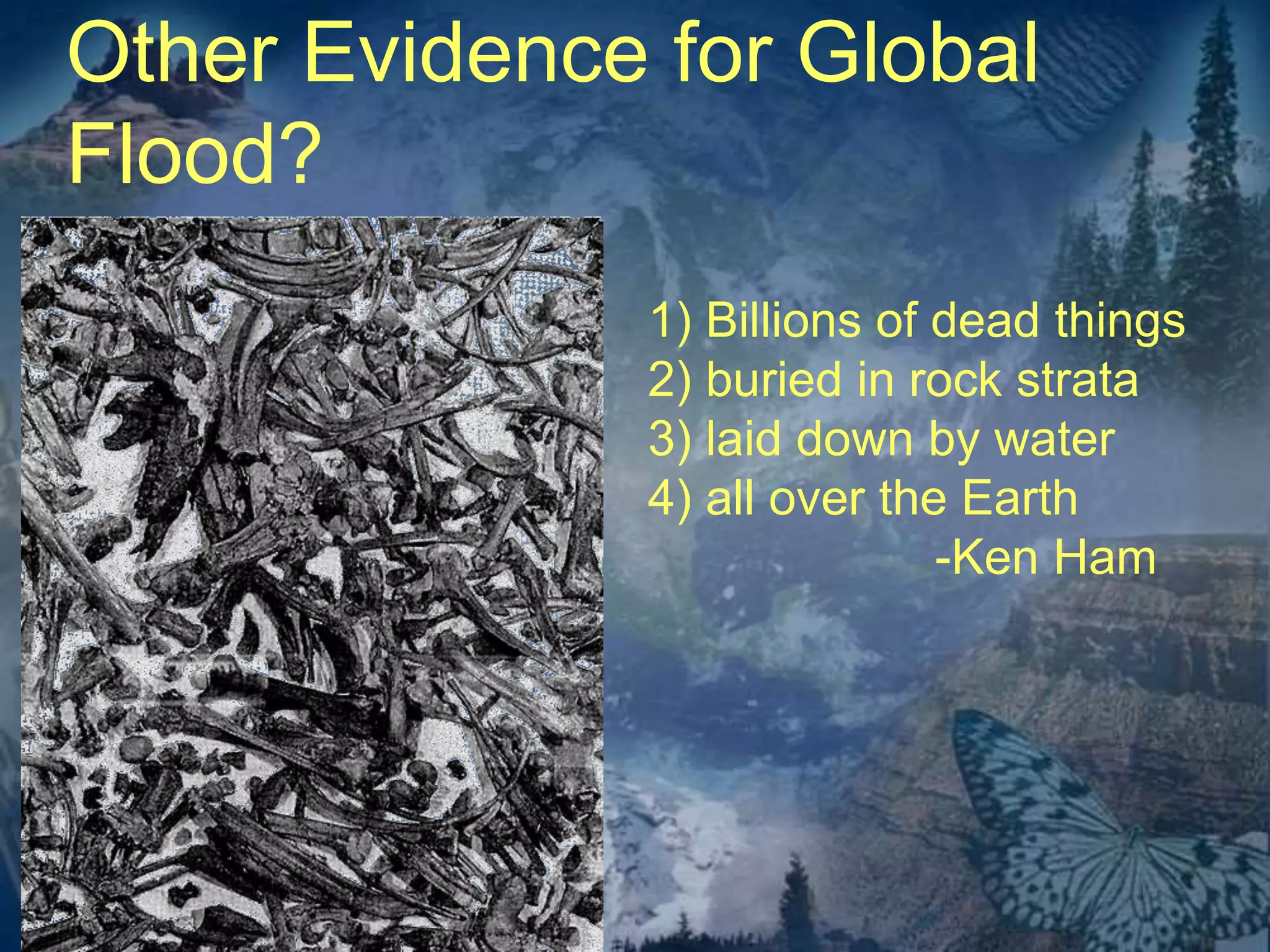 Other Evidence for Global 
Flood? 
1) Billions of dead things 
2) buried in rock strata 
3) laid down by water 
4) all over the Earth 
-Ken Ham 
 