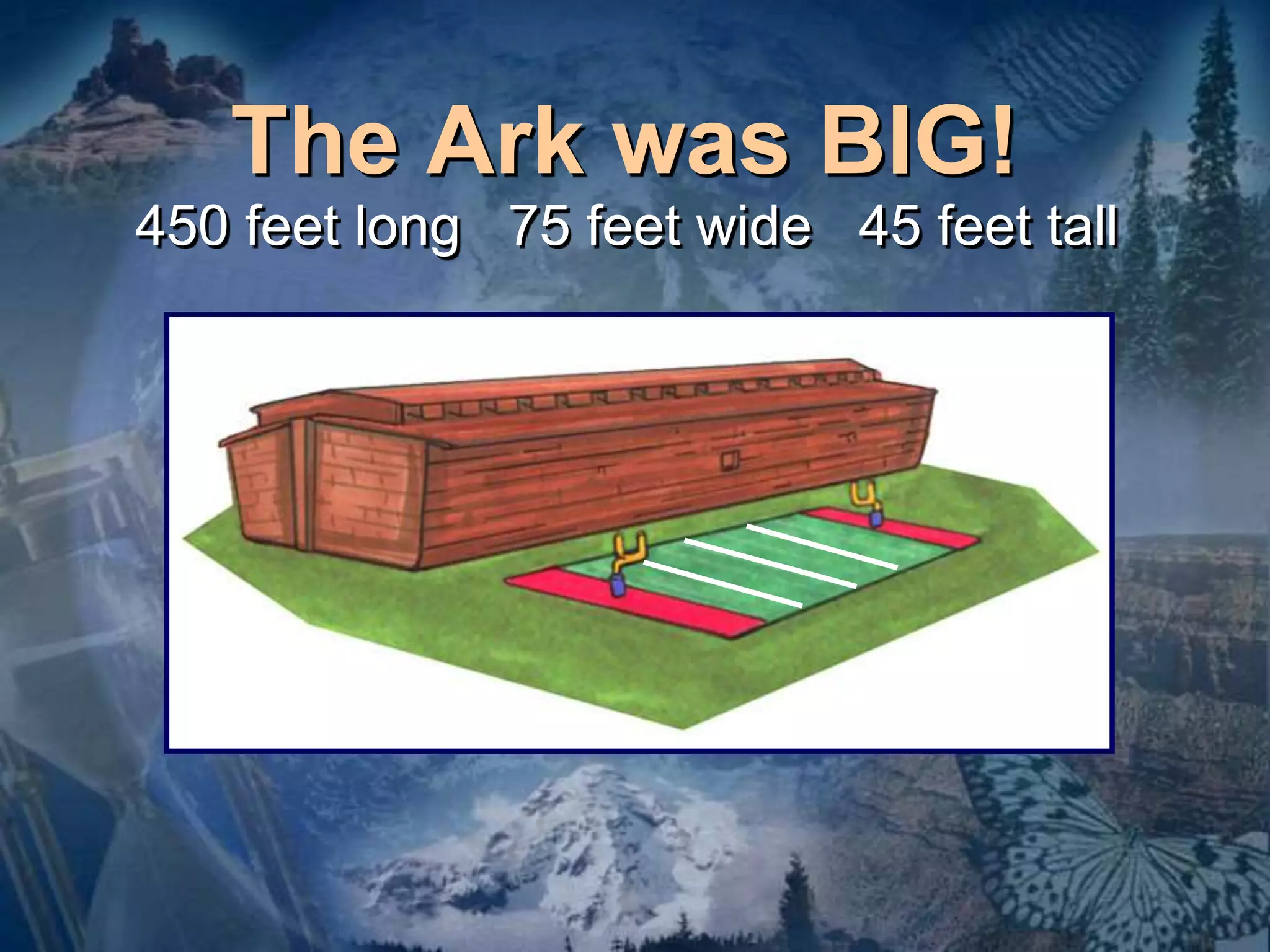 The Ark was BIG! 
450 feet long 75 feet wide 45 feet tall 
 