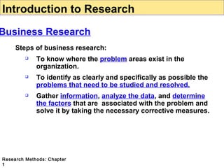 Introduction to Research

Business Research
Steps of business research:


To know where the problem areas exist in the
organization.



To identify as clearly and specifically as possible the
problems that need to be studied and resolved.



Gather information, analyze the data, and determine
the factors that are associated with the problem and
solve it by taking the necessary corrective measures.

Research Methods: Chapter
1

 