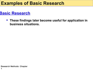 Examples of Basic Research

Basic Research


These findings later become useful for application in
business situations.

Research Methods: Chapter
1

 
