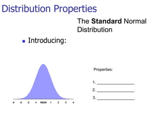  Introducing:
Distribution Properties
The Standard Normal
Distribution
Properties:
1. _________________
2. _________________
3. _________________
 