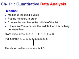 Ch- 11 : Quantitative Data Analysis
Median;
 Median is the middle value
 Put the numbers in order
 Choose the number in the middle of the list.
 If there are 2 numbers in the middle then it is halfway
between them.
Class shoe sizes: 3, 5, 5, 6, 4, 3, 2, 1, 5, 6
Put in order: 1, 2, 3, 3, 4, 5, 5, 5, 6, 6
The class median shoe size is 4.5
 
