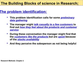 The Building Blocks of science in Research;

The problem identification:
 This problem identification calls for some preliminary
data gathering
 The manager might talk casually to a few customers to
find out how they feel about the products and customer
service
 During these conversation the manager might find that
the customers like the products but are upset because
of the stocks availability
 And they perceive the salesperson as not being helpful

Research Methods: Chapter 2

 