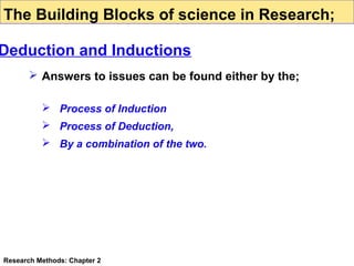 The Building Blocks of science in Research;

Deduction and Inductions
 Answers to issues can be found either by the;
 Process of Induction
 Process of Deduction,
 By a combination of the two.

Research Methods: Chapter 2

 