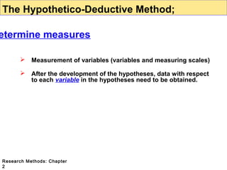 The Hypothetico-Deductive Method;

etermine measures


Measurement of variables (variables and measuring scales)



After the development of the hypotheses, data with respect
to each variable in the hypotheses need to be obtained.

Research Methods: Chapter
2

 