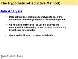 The Hypothetico-Deductive Method;

Data Analysis


Data gathered are statistically analyzed to see if the
hypotheses that were generated have been supported.



Co-relational method will be used to analyze and
determine the relationship of two or more factors in the
hypotheses for example:



Stock availability and customer satisfaction.

Research Methods: Chapter
2

 