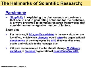  Simplicity in explaining the phenomenon or problems
that occur, and in generating solutions for the problems,
is always preferred to complex research frameworks that
consider an unmanageable number of factors.
Example:
 For instance, if 2-3 specific variables in the work situation are
identified, which when changed would raise the organizational
commitment of the employees by 45%, that would be more
useful and valuable to the manager than
 if it were recommended that he should change 10 different
variables to increase organizational commitment by 48%.
Research Methods: Chapter 2
The Hallmarks of Scientific Research;
Parsimony
 