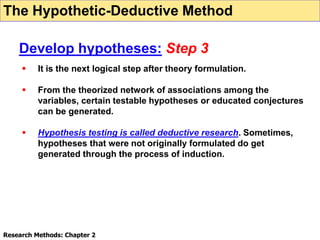  It is the next logical step after theory formulation.
 From the theorized network of associations among the
variables, certain testable hypotheses or educated conjectures
can be generated.
 Hypothesis testing is called deductive research. Sometimes,
hypotheses that were not originally formulated do get
generated through the process of induction.
Research Methods: Chapter 2
Develop hypotheses: Step 3
The Hypothetic-Deductive Method
 