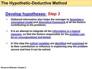  Gathered information also helps the manager to formulate a
conceptual model and theoretical framework of all the factors
contributing to the problems.
 It is an attempt to integrate all the information in a logical
manners, so that the factors responsible for the problem can
be on conceptualized and tested.
 In this step the critical variables are identified and examined as
to their contribution or influence in explaining why the problem
occurs and how it can be solved.
Research Methods: Chapter 2
The Hypothetic-Deductive Method
Develop hypotheses: Step 3
 