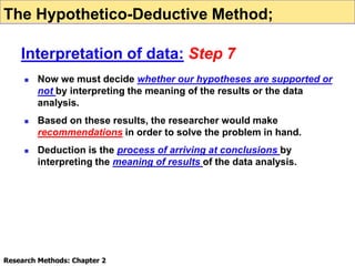  Now we must decide whether our hypotheses are supported or
not by interpreting the meaning of the results or the data
analysis.
 Based on these results, the researcher would make
recommendations in order to solve the problem in hand.
 Deduction is the process of arriving at conclusions by
interpreting the meaning of results of the data analysis.
Research Methods: Chapter 2
The Hypothetico-Deductive Method;
Interpretation of data: Step 7
 