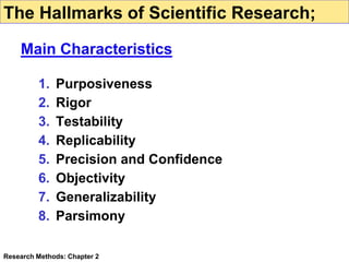 1. Purposiveness
2. Rigor
3. Testability
4. Replicability
5. Precision and Confidence
6. Objectivity
7. Generalizability
8. Parsimony
Research Methods: Chapter 2
The Hallmarks of Scientific Research;
Main Characteristics
 