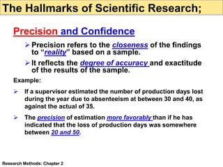 Precision refers to the closeness of the findings
to “reality” based on a sample.
It reflects the degree of accuracy and exactitude
of the results of the sample.
Example:
 If a supervisor estimated the number of production days lost
during the year due to absenteeism at between 30 and 40, as
against the actual of 35.
 The precision of estimation more favorably than if he has
indicated that the loss of production days was somewhere
between 20 and 50.
Research Methods: Chapter 2
The Hallmarks of Scientific Research;
Precision and Confidence
 