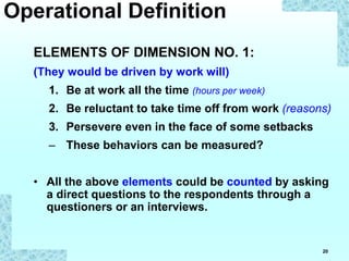 20
ELEMENTS OF DIMENSION NO. 1:
(They would be driven by work will)
1. Be at work all the time (hours per week)
2. Be reluctant to take time off from work (reasons)
3. Persevere even in the face of some setbacks
– These behaviors can be measured?
• All the above elements could be counted by asking
a direct questions to the respondents through a
questioners or an interviews.
Operational Definition
 