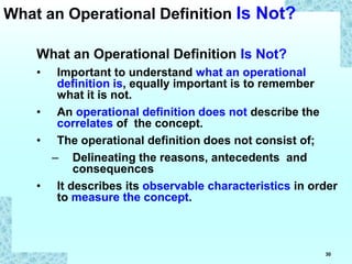 30
What an Operational Definition Is Not?
• Important to understand what an operational
definition is, equally important is to remember
what it is not.
• An operational definition does not describe the
correlates of the concept.
• The operational definition does not consist of;
– Delineating the reasons, antecedents and
consequences
• It describes its observable characteristics in order
to measure the concept.
What an Operational Definition Is Not?
 