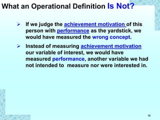 32
 If we judge the achievement motivation of this
person with performance as the yardstick, we
would have measured the wrong concept.
 Instead of measuring achievement motivation
our variable of interest, we would have
measured performance, another variable we had
not intended to measure nor were interested in.
What an Operational Definition Is Not?
 