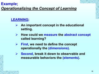 33
Example;
Operationalizing the Concept of Learning
LEARNING;
 An important concept in the educational
setting.
 How could we measure the abstract concept
called learning?
 First, we need to define the concept
operationally the (dimensions).
 Second, break it down to observable and
measurable behaviors the (elements).
 