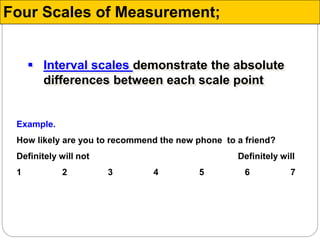  Interval scales demonstrate the absolute
differences between each scale point
Example.
How likely are you to recommend the new phone to a friend?
Definitely will not Definitely will
1 2 3 4 5 6 7
Four Scales of Measurement;
 