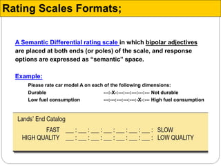 A Semantic Differential rating scale in which bipolar adjectives
are placed at both ends (or poles) of the scale, and response
options are expressed as “semantic” space.
Example:
Please rate car model A on each of the following dimensions:
Durable ---:-X-:---:---:---:---:--- Not durable
Low fuel consumption ---:---:---:---:---:-X-:--- High fuel consumption
Rating Scales Formats;
 