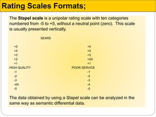 The Stapel scale is a unipolar rating scale with ten categories
numbered from -5 to +5, without a neutral point (zero). This scale
is usually presented vertically.
SEARS
+5 +5
+4 +4
+3 +3
+2 +2X
+1 +1
HIGH QUALITY POOR SERVICE
-1 -1
-2 -2
-3 -3
-4X -4
-5 -5
The data obtained by using a Stapel scale can be analyzed in the
same way as semantic differential data.
Rating Scales Formats;
 