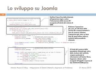 Lo sviluppo su Joomla
19
                                                         Verifica il buon fine della chiamata
                                                         all’operazione login e salva
                                                         l’informazione della session ID
                                                         assegnata all’utente dal sistema di
                                                         CRM.
                                                                                       Richiama l’operazione
                                                                                       get_user_id sulla base della
                                                                                       session ID e successivamente in
                                                                                       caso di successo richiama
                                                                                       l’operazione get_entry su base
                                                                                       User ID, quest’ultimo valore è
                                                                                       restituito dalla precedente
                                                                                       chiamata.




                                                                                       A fronte del successo della
                                                                                       precedente chiamata get_entry,
                                                                                       dalla struttura dati restituita,
                                                                                       vengono prelevate le
                                                                                       informazioni sull’utente: Nome,
                                                                                       Cognome e Email, valori
                                                                                       assegnati all’oggetto response di
                                                                                       tipo JAuthenticateResponse.


      Antonio Musarra's Blog - Integrazione di Sistemi (Metodi e Approccio al Problema)              31 Marzo 2010
 