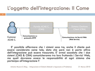 L’oggetto dell’integrazione: Il Come
7




                                     Portale ACME C.                                   Sistema Gestione
                                          (CMS)                                          Clienti (CRM)

                       Comunicazione su
    Customer            protocollo HTTP                                    Comunicazione via Servizi Web
    ACME C.                                                                       (Web Service)



        E’ possibile affermare che i sistemi sono tre, anche il cliente può
    essere considerato come tale, dato che però non è parte attiva
    dell’integrazione può essere trascurato. E’ ormai assodato che i due
    sistemi (CMS & CRM) comunicheranno tra loro fruttando i Servizi Web,
    ma quali dovranno essere le responsabilità di ogni sistema che
    partecipa all’integrazione ?
       Antonio Musarra's Blog - Integrazione di Sistemi (Metodi e Approccio al Problema)      31 Marzo 2010
 