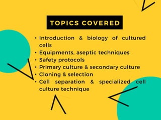 • Introduction & biology of cultured
cells
• Equipments, aseptic techniques
• Safety protocols
• Primary culture & secondary culture
• Cloning & selection
• Cell separation & specialized cell
culture technique
TOP I C S C OVER ED