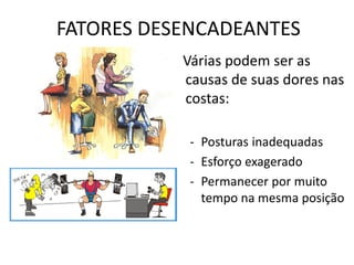 FATORES DESENCADEANTES
Várias podem ser as
causas de suas dores nas
costas:
- Posturas inadequadas
- Esforço exagerado
- Permanecer por muito
tempo na mesma posição
 