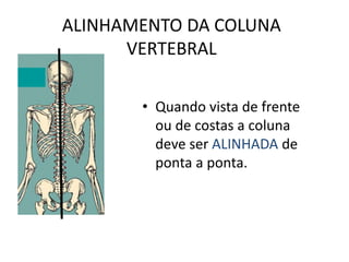 ALINHAMENTO DA COLUNA
VERTEBRAL
• Quando vista de frente
ou de costas a coluna
deve ser ALINHADA de
ponta a ponta.
 