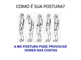 COMO É SUA POSTURA?
A MÁ POSTURA PODE PROVOCAR
DORES NAS COSTAS
 