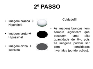 2º PASSO
• Imagem branca 
Hipersinal
• Imagem preta 
Hipossinal
• Imagem cinza 
Isossinal
Cuidado!!!!
• As imagens brancas nem
sempre significam que
possuem uma alta
quantidade de H+, pois
as imagens podem ser
com tonalidades
invertidas (ponderações).
 