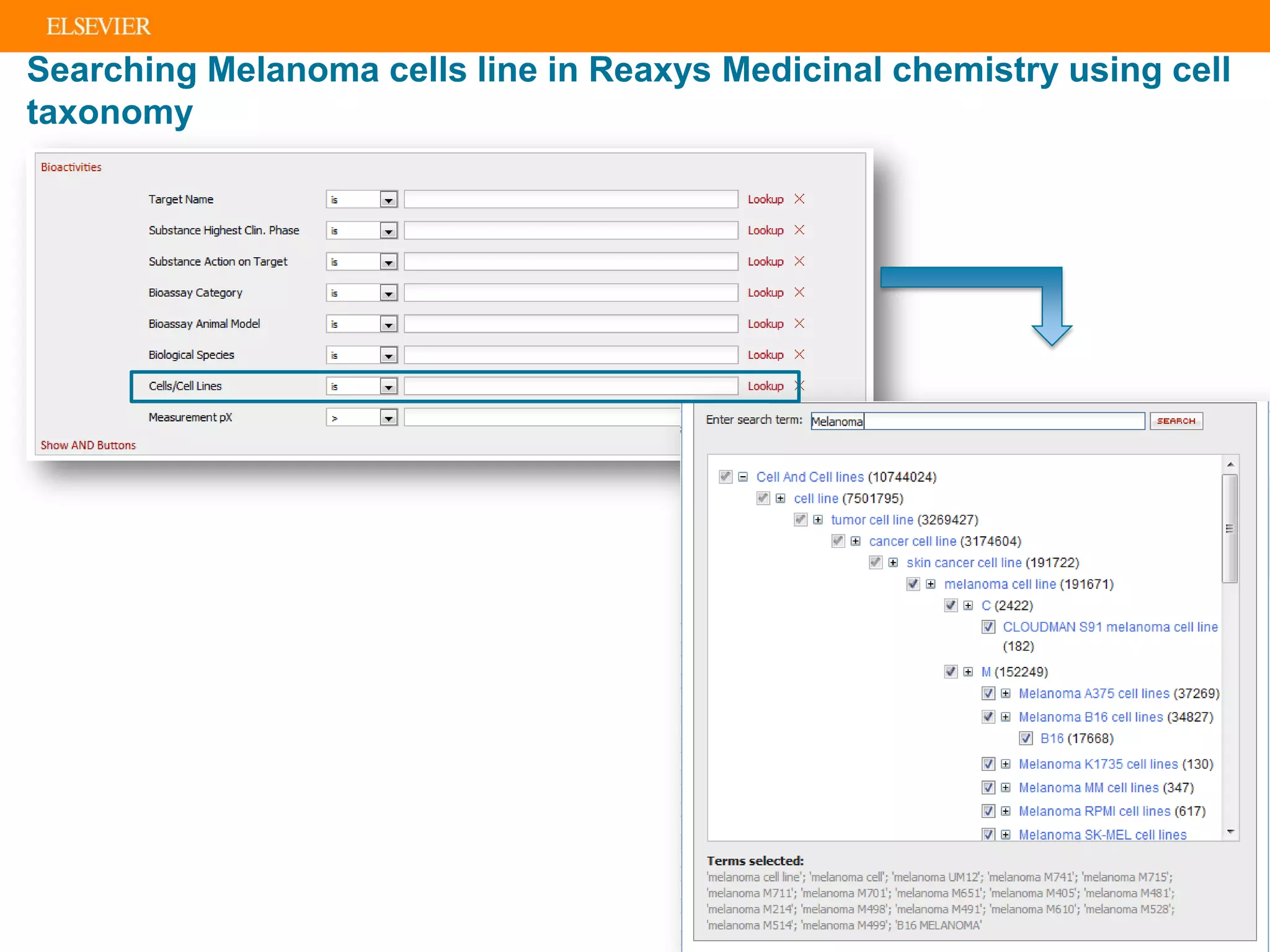 Searching Melanoma cells line in Reaxys Medicinal chemistry using cell
taxonomy
 