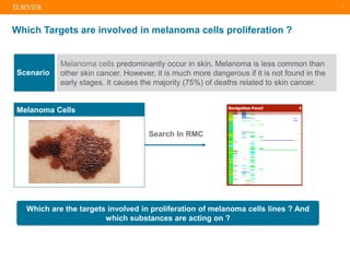 7
Scenario
Melanoma cells predominantly occur in skin. Melanoma is less common than
other skin cancer. However, it is much more dangerous if it is not found in the
early stages. It causes the majority (75%) of deaths related to skin cancer.
Which are the targets involved in proliferation of melanoma cells lines ? And
which substances are acting on ?
Melanoma Cells
Search In RMC
Which Targets are involved in melanoma cells proliferation ?
 