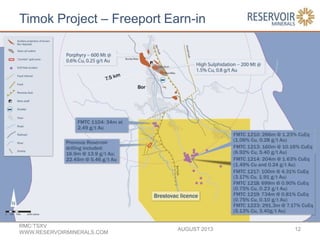 Timok Project – Freeport Earn-in
AUGUST 2013
RMC:TSXV
WWW.RESERVOIRMINERALS.COM
12
 