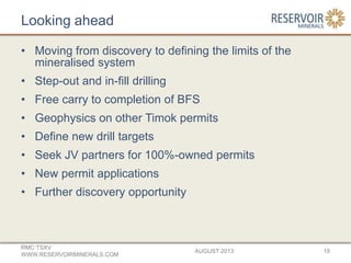 Looking ahead
• Moving from discovery to defining the limits of the
mineralised system
• Step-out and in-fill drilling
• Free carry to completion of BFS
• Geophysics on other Timok permits
• Define new drill targets
• Seek JV partners for 100%-owned permits
• New permit applications
• Further discovery opportunity
AUGUST 2013
RMC:TSXV
WWW.RESERVOIRMINERALS.COM
19
 