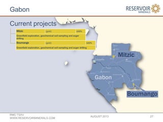Gabon
AUGUST 2013
RMC:TSXV
WWW.RESERVOIRMINERALS.COM
27
Mitzic (gold) 100%
Greenfield exploration, geochemical soil sampling and auger
drilling
Boumango (gold) 100%
Greenfield exploration, geochemical soil sampling and auger drilling
Current projects
 
