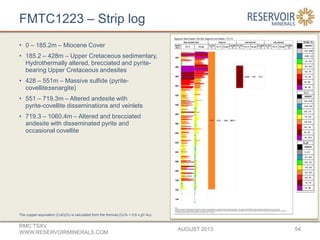 FMTC1223 – Strip log
• 0 – 185.2m – Miocene Cover
• 185.2 – 428m – Upper Cretaceous sedimentary,
Hydrothermally altered, brecciated and pyrite-
bearing Upper Cretaceous andesites
• 428 – 551m – Massive sulfide (pyrite-
covellite±enargite)
• 551 – 719.3m – Altered andesite with
pyrite-covellite disseminations and veinlets
• 719.3 – 1060.4m – Altered and brecciated
andesite with disseminated pyrite and
occasional covellite
AUGUST 2013
RMC:TSXV
WWW.RESERVOIRMINERALS.COM
54
The copper-equivalent (CuEq%) is calculated from the formula (Cu% + 0.6 x g/t Au).
 