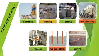 .
9
Batching Mixing Testing Transporting
Placing Compacting Curing
 