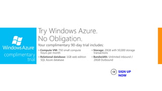Try Windows Azure.
                 No Obligation.
                 Your complimentary 90-day trial includes:
            ...