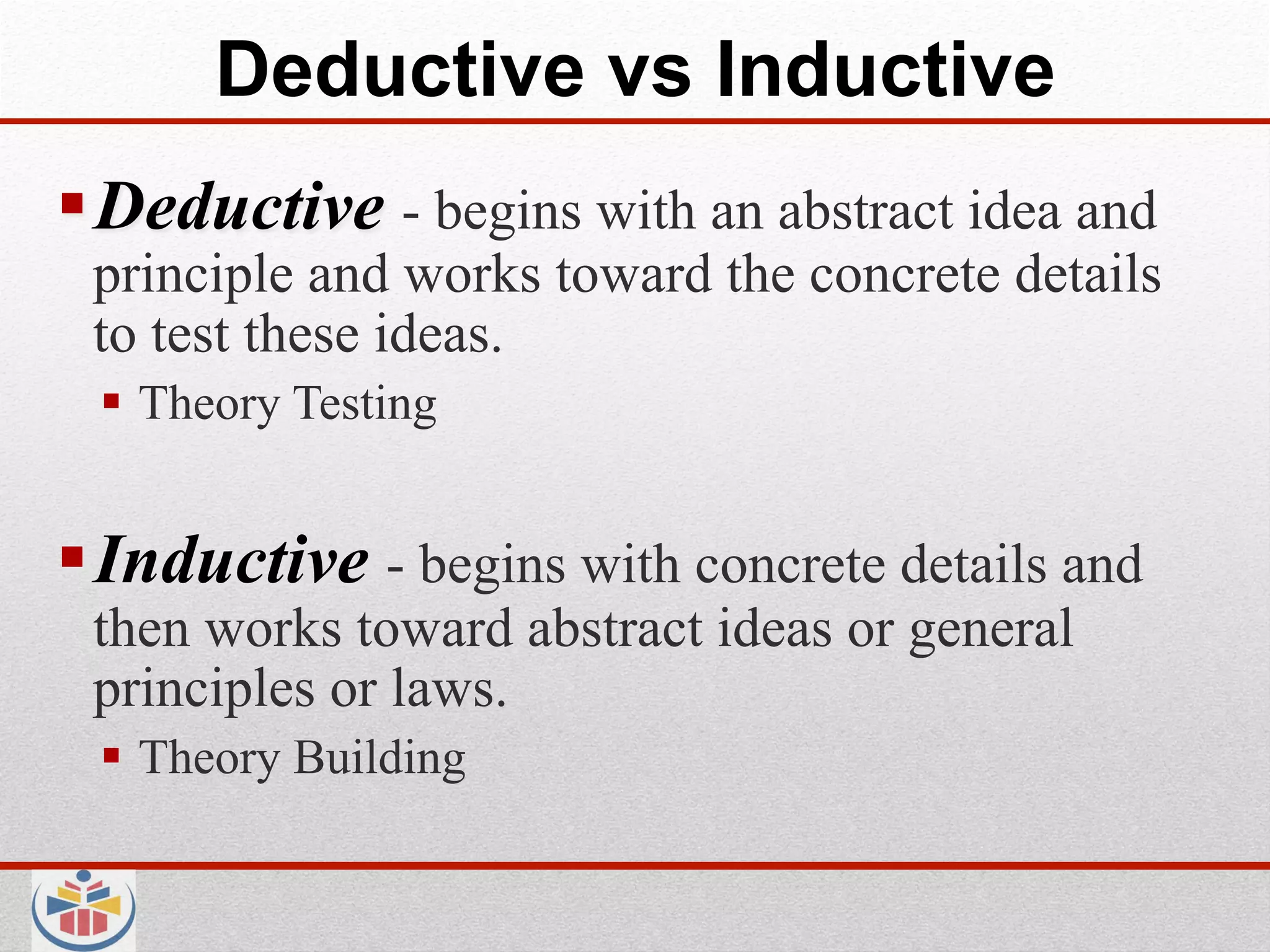 Deductive vs Inductive
 Deductive - begins with an abstract idea and
 principle and works toward the concrete details
 to test these ideas.
   Theory Testing


 Inductive - begins with concrete details and
 then works toward abstract ideas or general
 principles or laws.
   Theory Building
 