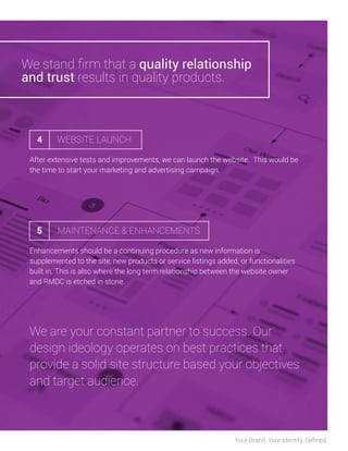 We stand ﬁrm that a quality relationship
and trust results in quality products.

4

WEBSITE LAUNCH

After extensive tests and improvements, we can launch the website. This would be
the time to start your marketing and advertising campaign.

5

MAINTENANCE & ENHANCEMENTS

Enhancements should be a continuing procedure as new information is
supplemented to the site, new products or service listings added, or functionalities
built in. This is also where the long term relationship between the website owner
and RMDC is etched in stone.

We are your constant partner to success. Our
design ideology operates on best practices that
provide a solid site structure based your objectives
and target audience.

Your Brand, Your Identity, Deﬁned.

 