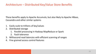 19
Architecture – Distributed Key/Value Store Benefits
These benefits apply to Apache Accumulo, but also likely to Apache HBase,
Cassandra and other similar systems
1. Easily scale to trillions of key/values
2. Distributed storage
1. Parallel processing in Hadoop MapReduce or Spark
2. Fault tolerance
3. Millisecond read latencies with efficient scanning of ranges
4. Fine grained access control features
 